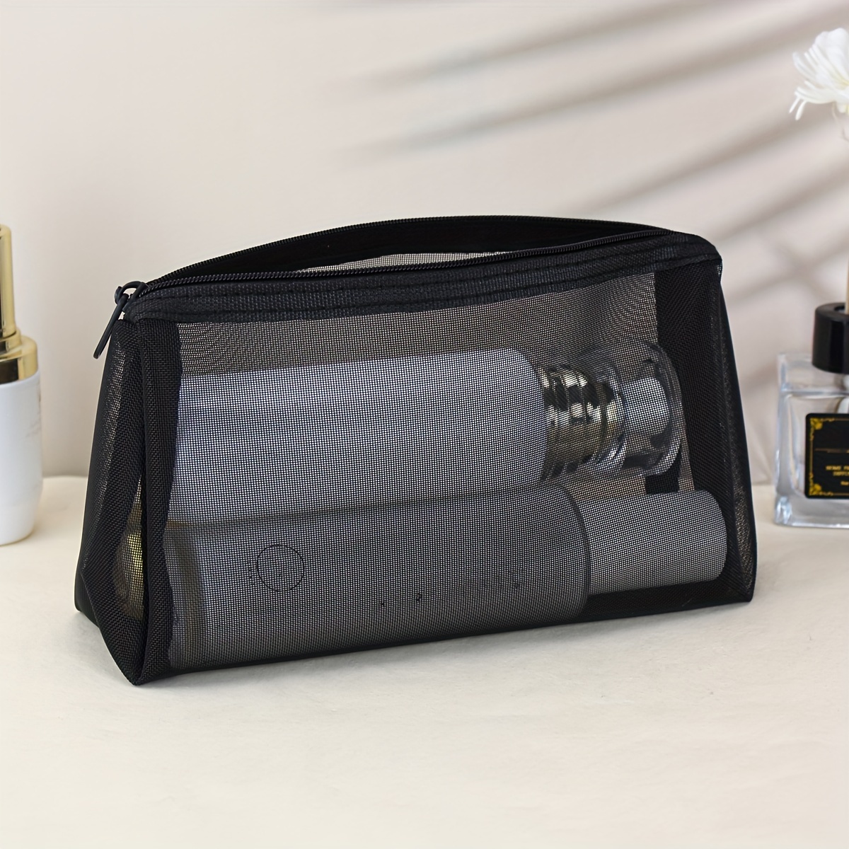 Black Mesh Triangle Makeup Bag, Lipstick Pouch, Makeup Brush Bag, Portable For Home, Travel, And Daily Use