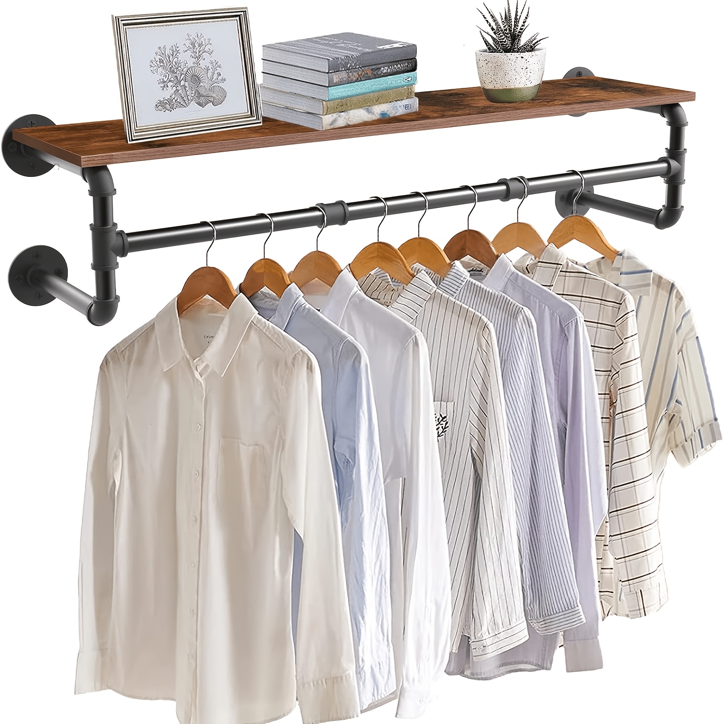 TEMU Aesome 39.3''l Industrial Pipe Clothes Rack With Top Shelf And 3 Hooks Wall Mounted Garment Rack Heavy Duty Detachable Hanging Rod For Closet