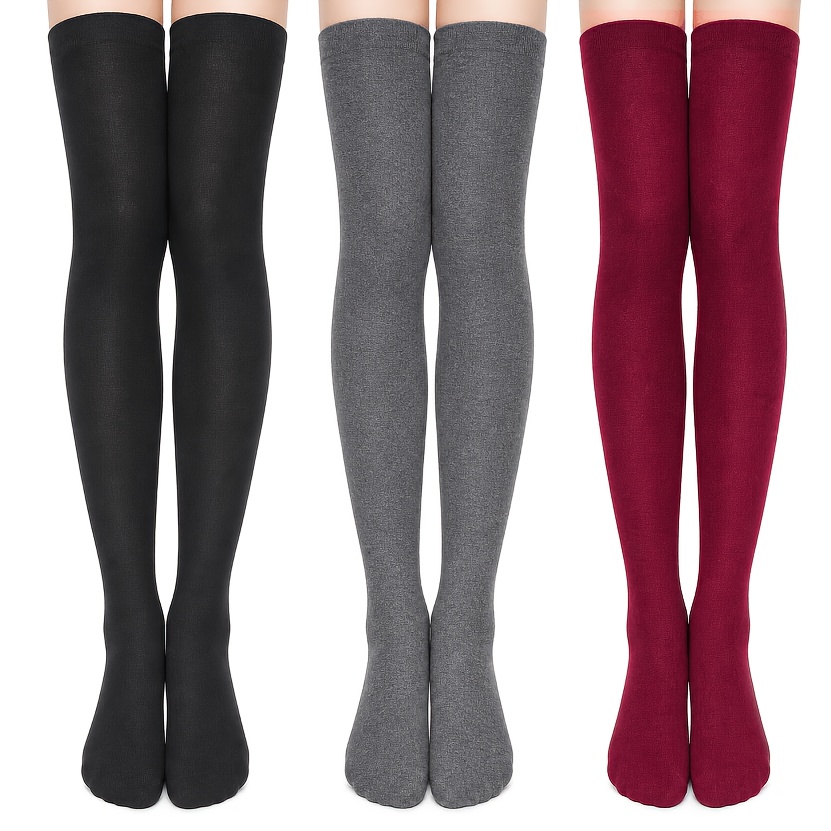 TEMU 3 Paires Ensemble 3 Couleurs Chaussettes Longues Femme, Tricot Doux, Chaussettes Haute Jambe Légères et Respirantes, Idéales pour les Tenues de