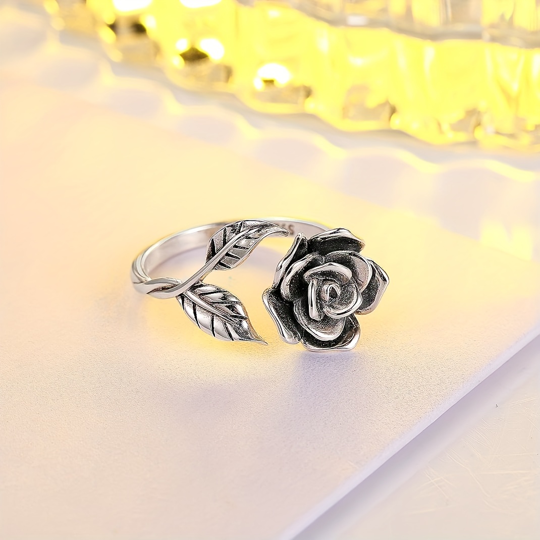 Retro Rose Flower Ring S925 Silver Women's Adjustable Open Ring