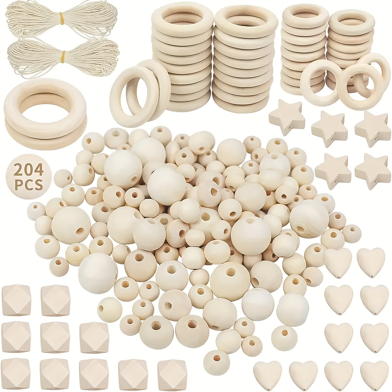 Image of A Set Of 204 Wooden Beads And Wooden Rings, 204 Wooden Beads For Weaving Natural Wooden Balls And Wooden Rings For Handmade Diy Macrame, Round Wooden Beads For Decorative Beads.