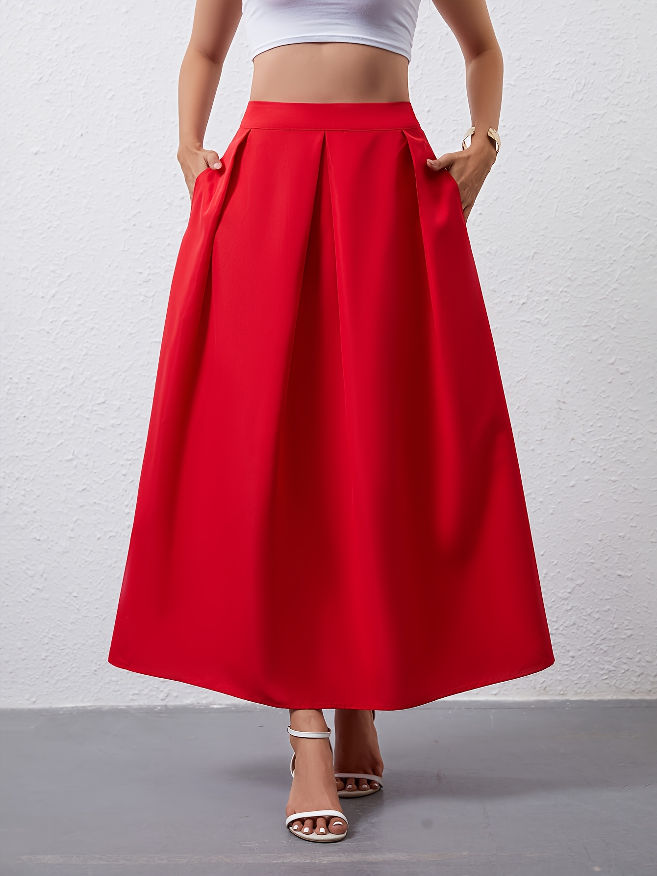Targeted Development Women's Summer Elegant Midi Skirt, Red Pleated Dress  with Pockets for Work Long Skirt 490