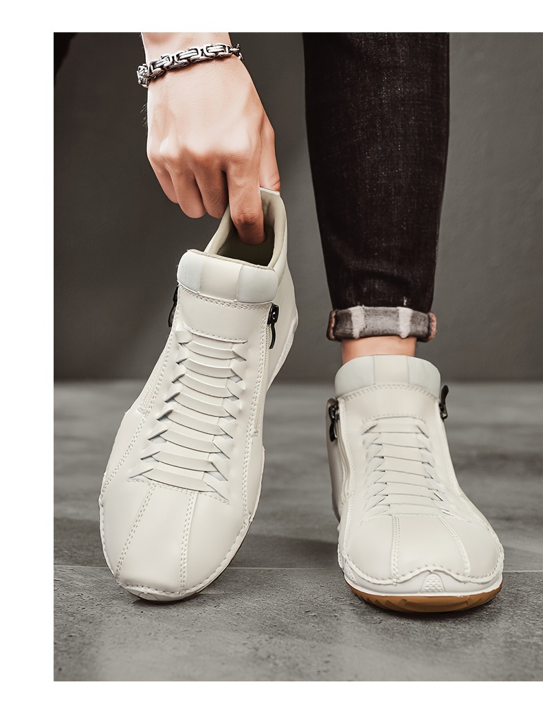 [Casual & Outdoor Shoes] Men's Ankle-High Zipper Boots - PU Upper & Rubber Sole, Slip-On/Lace-Like Zip Closure, All-Terrain Traction (EU 39-48), Casual & Outdoor Shoes for Winter/Spring/Fall, Round Toe Ankle Booties with Cushioned Insole