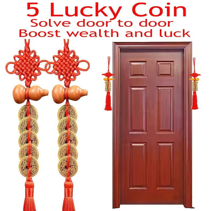 

2pcs Traditional Chinese 5 Coin Hanging Ornament, Metal Shui Amulet For Wealth And , With Gourd Design, Door Protection Charm, No Electricity Needed, Featherless