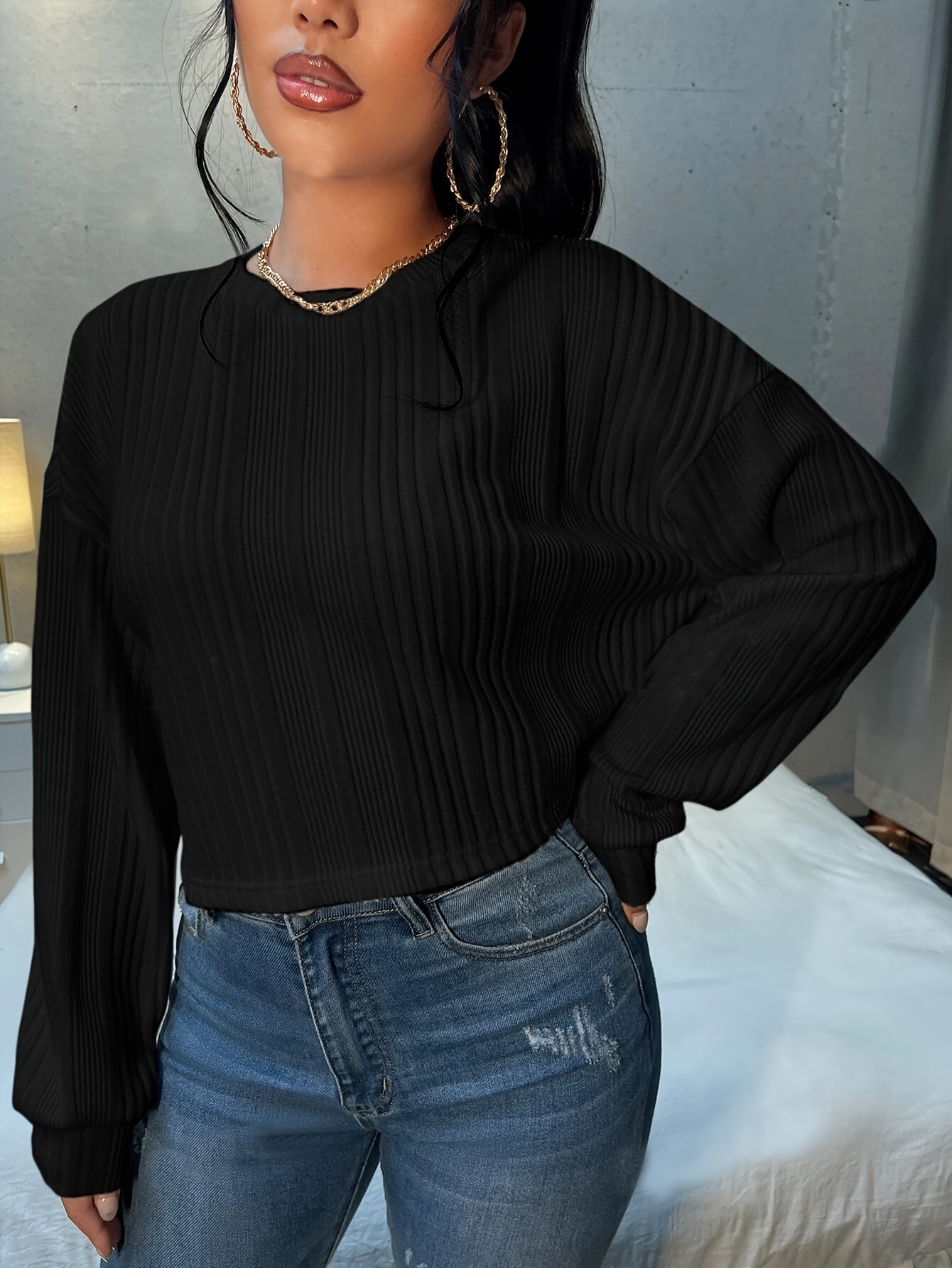 [Ribbed Cropped Tee] Women's Drop Shoulder Ribbed Cropped T-Shirt - Oversized Fit Tee, Relaxed Fit Casual Short Sleeve Top, Machine Washable, Spring Summer Fall Essential, Solid Color, Ladies T Shirts, Seasonal Fashion, Versatile Clothing, Textured Fabric, Quality Knitwear