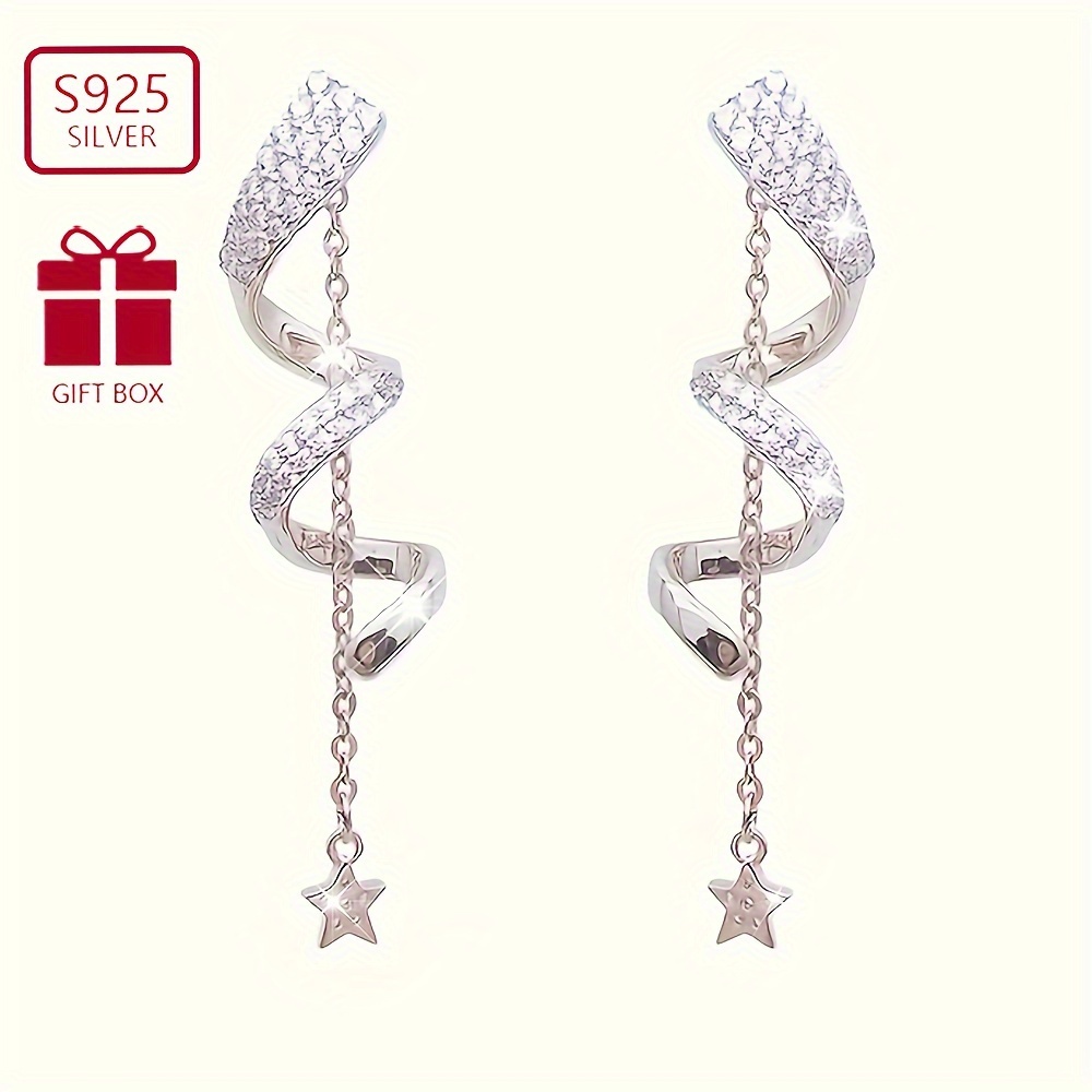 

Elegant 925 Silvery Star Tassel Earrings With Sparkling Zircon - Versatile Geometric Twist Design For Social Gatherings & Daily Use