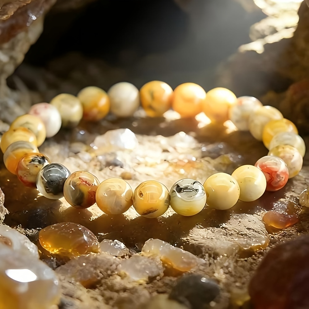 TEMU 1pc 1pcs Handcrafted 8mm Crazy Agate Stretch Bracelet - Polished Round Stone Beads, Bohemian French Style Elastic Beaded Jewelry Suitable For