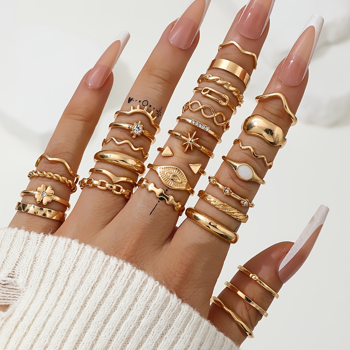 30pcs Alloy Stackable Set, Thin Ring Smooth Ring Wave Geometric Shape Twist Ring Gift Daily Versatile Ring Set