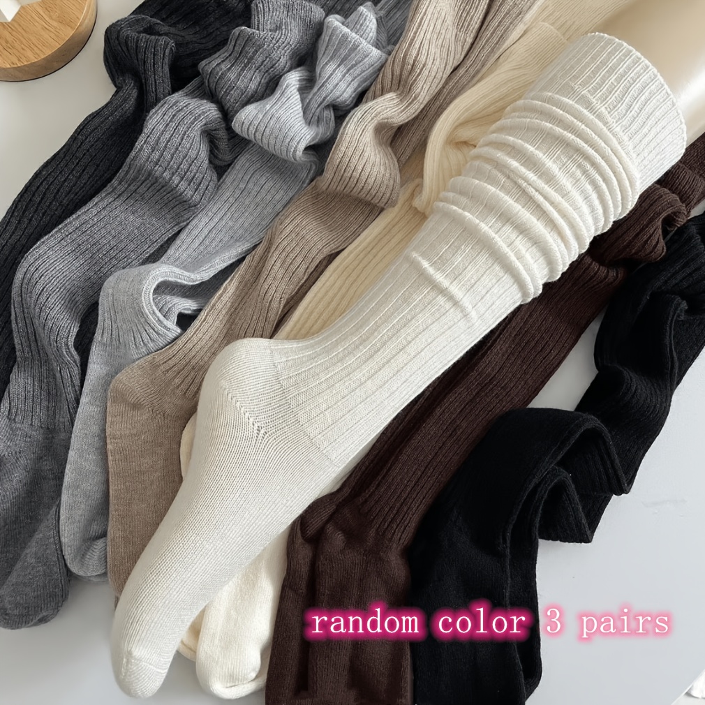 TEMU 3 Pairs Random Color Women's Knit Over The Knee Socks, Warm Thermal Winter Long Socks, Soft Durable, Ideal For College Casual Office Outfits,