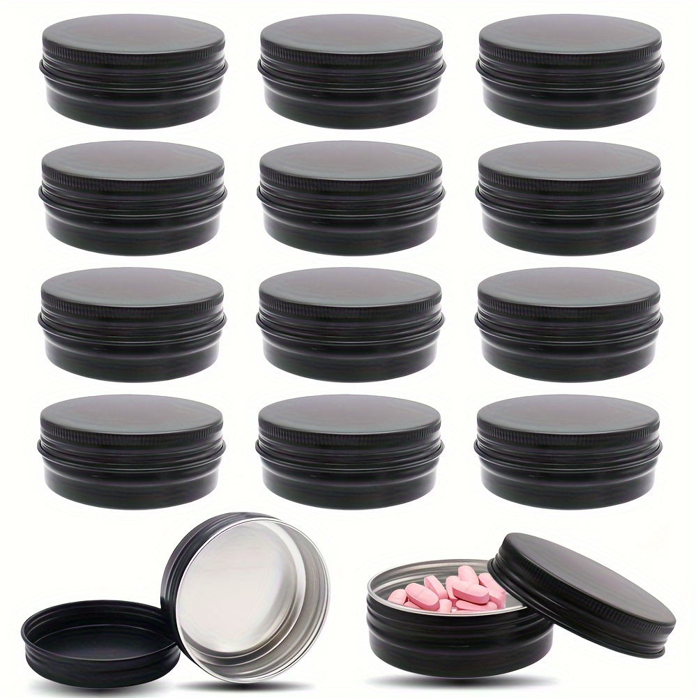 

Lot de 12 Pots en Aluminium Noir de 2oz - Contenants Ronds Rechargeables avec Couvercles à Vis pour Épices, Salves, Poudres & Bonbons