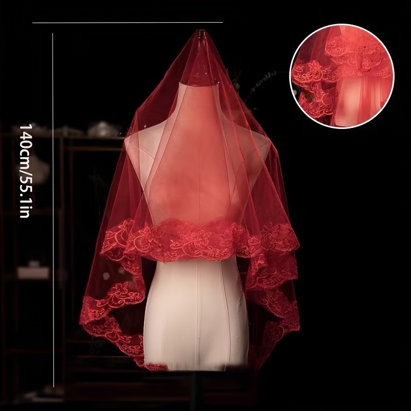 E-shop Brautschleier aus roter Spitze, 140 cm, Hochzeitszubehör im koreanischen Stil, traditioneller chinesischer roter Kopfschleier für Damen