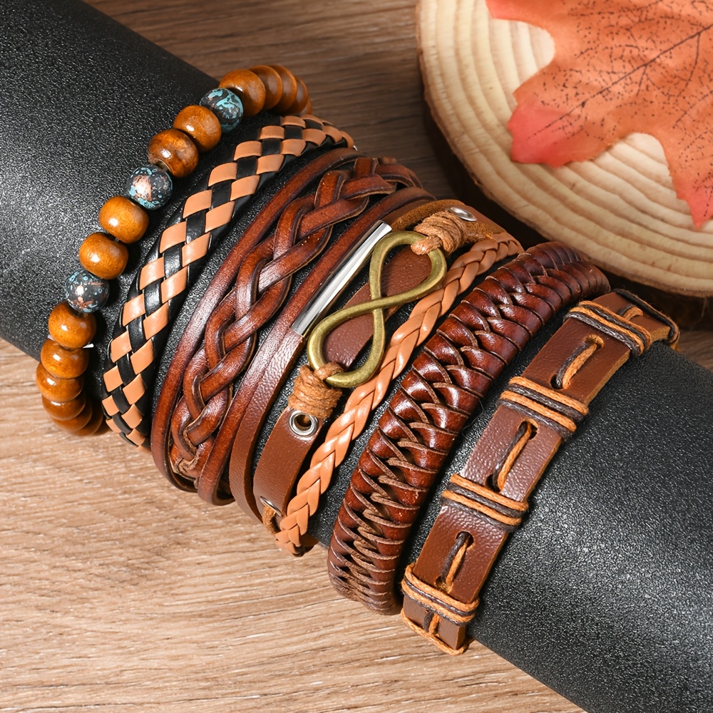 

6pcs Retro Wood Bead Bracelet Leather Handmade Braided Cuff Bracelet Suitable For Men And Women Festival Gift