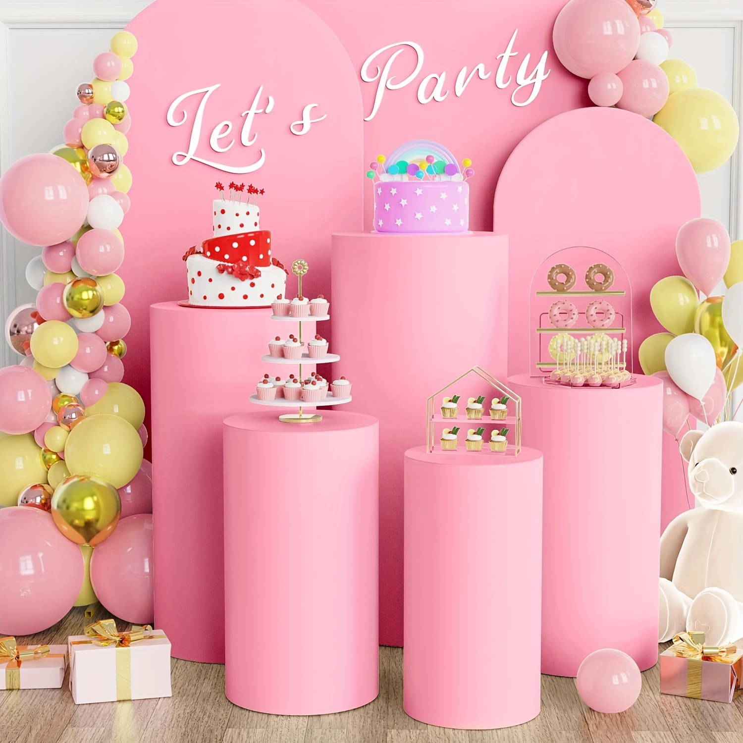 5-Piece Stretch Cylinder Pedestal Covers Set, Polyester Round Column Wraps for Party, Wedding, Birthday, Anniversary, and Graduation Decor, Universal Fit for Dessert Display Stands - Includes Covers Only, No Cylinder Pedestals.