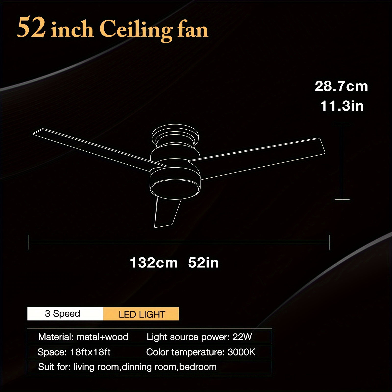 1pc embedded fan light with remote control adjustable 3000k color temperature led light source 3 speed wind glass lampshade 3 double sided color wooden fan blades suitable for bedroom living room basement kitchen dining room 52 inches details 2