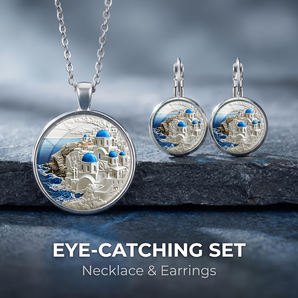 TEMU 3pcs Santorini Necklace Earrings Set, Suitable For Daily Wear, Exquisite Small Gift