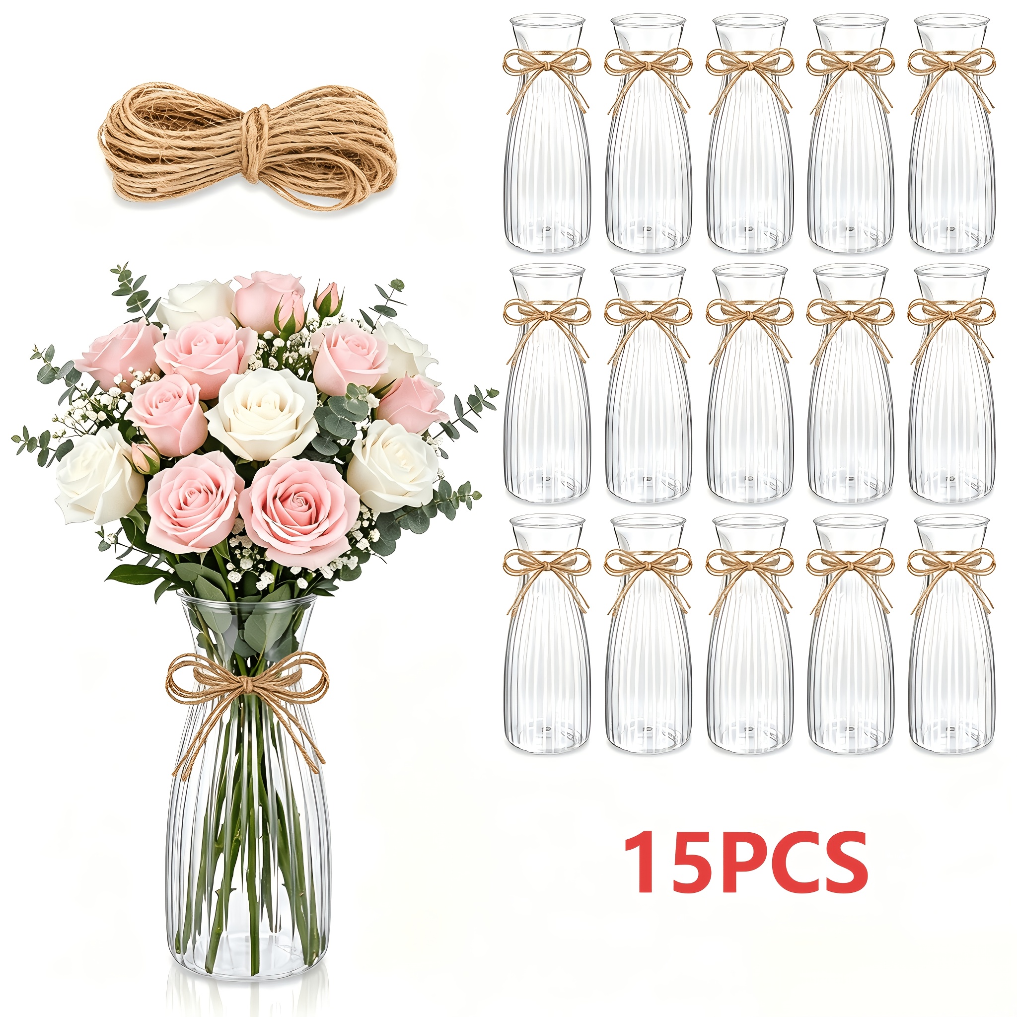 15 Stück vertikale gerippte, durchsichtige Kunststoff-Bud-Vasen mit Jute-Seil-Schleife, hohe gestreifte Mini-Kunststoff-Blumenbehälter, rustikales *ration für Hochzeitsempfang, Brautparty, Fensterbank