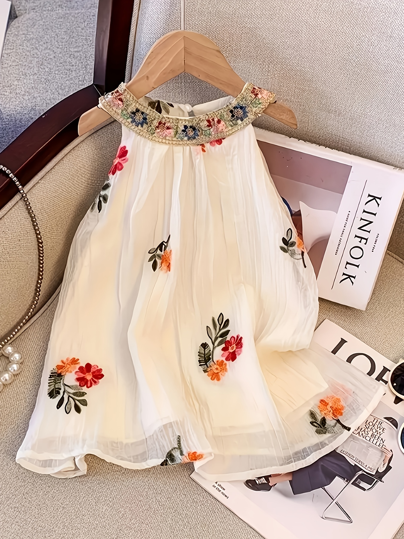Bohemian Style Summer Dress with Embroidered Flowers, Sleeveless Mesh Overlay For, Perfect for Casual Outings Or Vacation, Lightweight Princess Dresses for Little