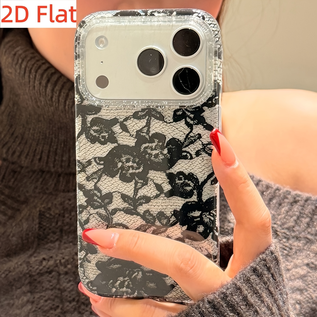 TEMU Phone Case - 2d Flat Elegant Romantic Lace Flower Printed Pattern Glitter Transparent Soft Phone Case For Iphone 18 Pro Max 18 Pro 17 Pro Max 17