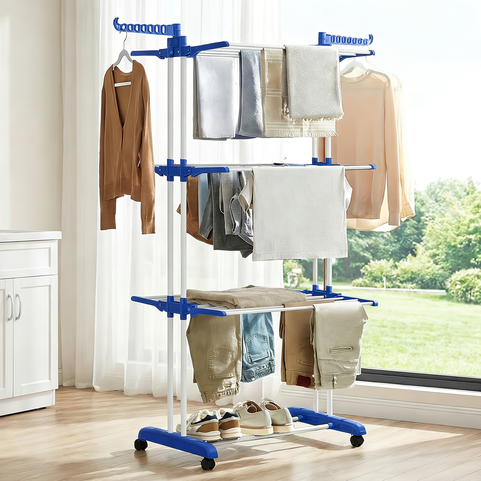 TEMU Clothes Drying Rack With Wheels, Foldable 3-tier Laundry Rack For Small Spaces, 6 Fixed And 2 Swivel Wings Storage System, Rustproof Stainless ,