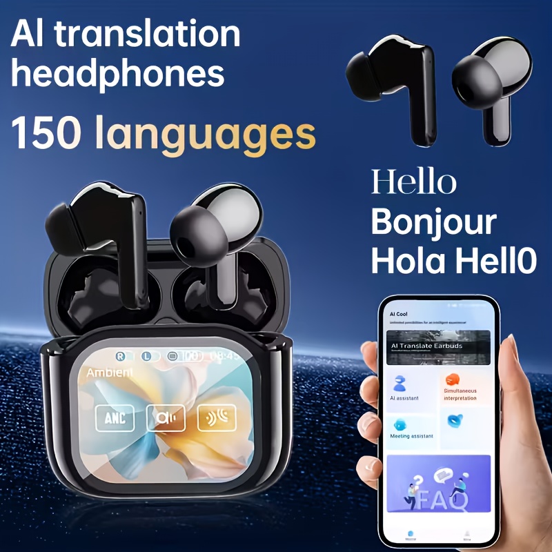 Casque d'écoute à traduction IA, prenant en charge la traduction en ligne en temps réel dans plus de 150 langues, contrôle d'écran grand format couleur LCD de 2 pouces, chargement Type-C, longue durée de vie de la batterie, casque sans fil 5.4, son stéréo, 4 microphones ENC