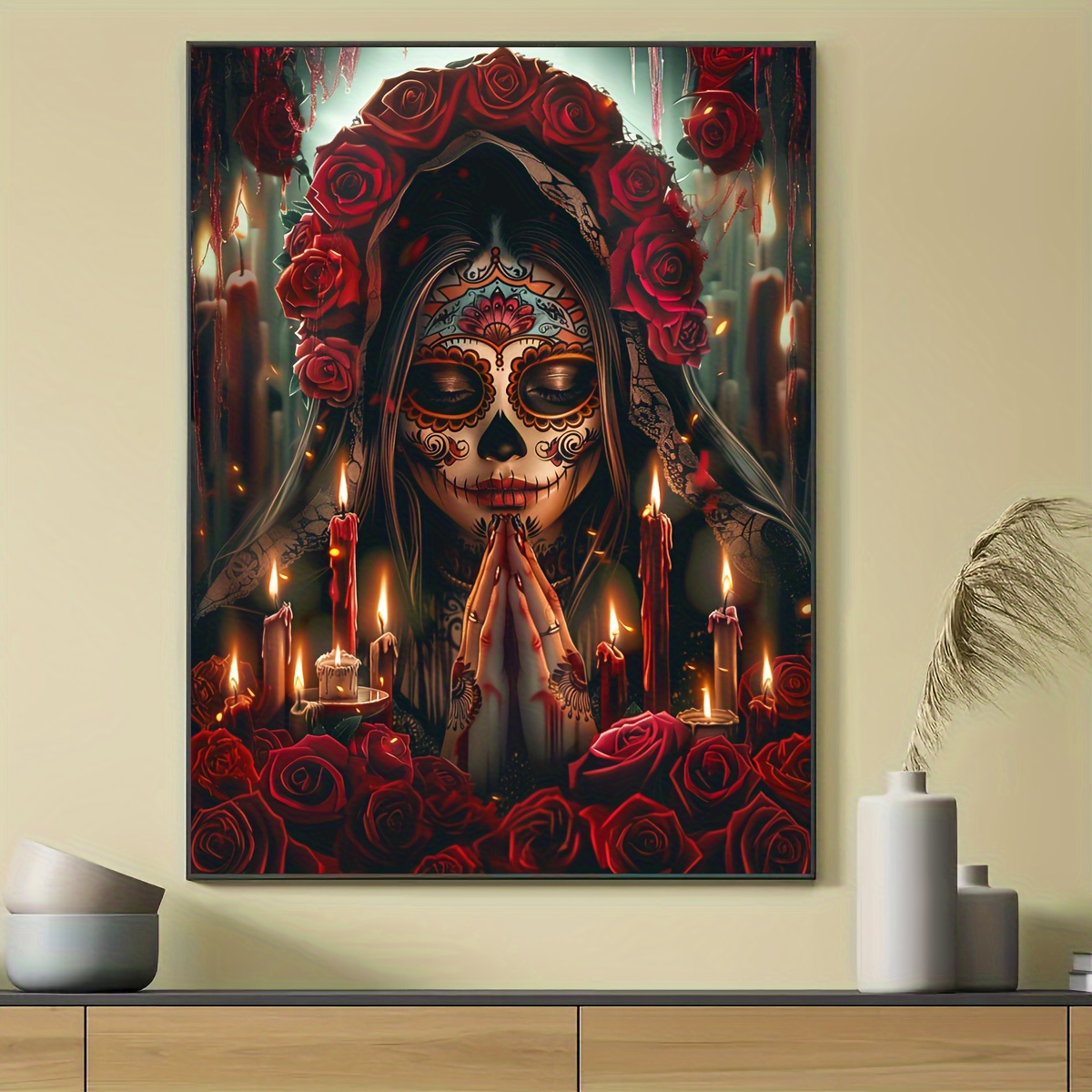 

Day Of The Dead Canvas Print: Beautiful Lady With Roses And Candles - Art For Home Decor