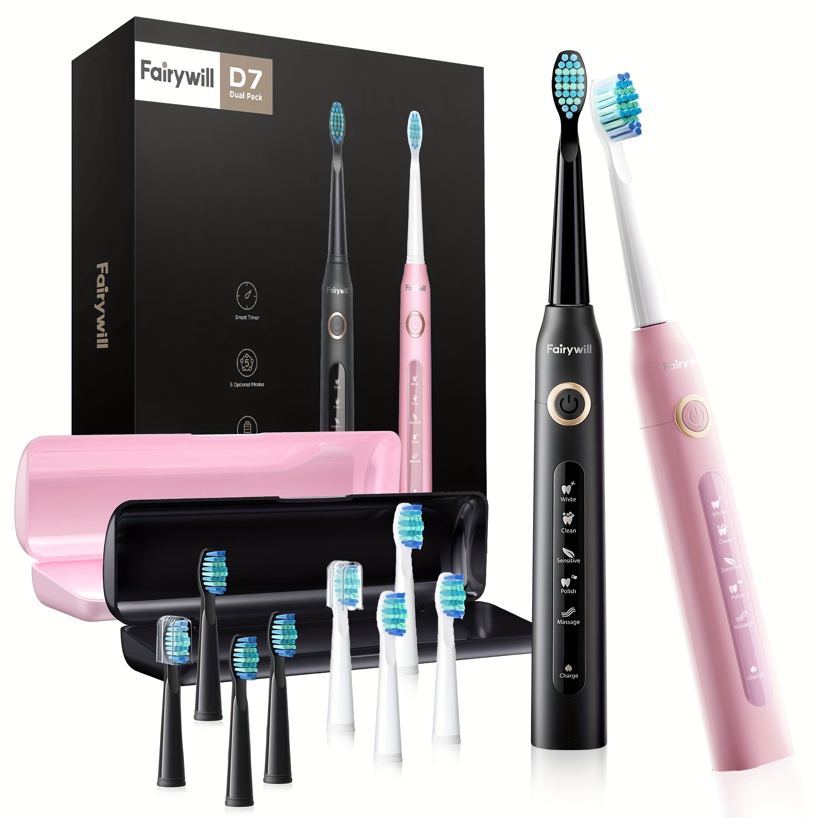 Fairywill Electric Toothbrush With 5 , For Couple Suit , With Replace The Brush Heads Portable Case Fast Charger For