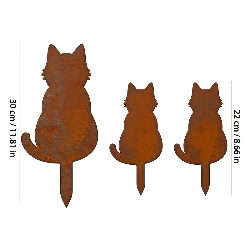 E-shop [2D Flach] 3-teiliges Set, Metall-Gartendeko-Stäbe in Katzenform, Haustier-Katzen-Gartendeko-Stäbe, Pflanzenstützen,