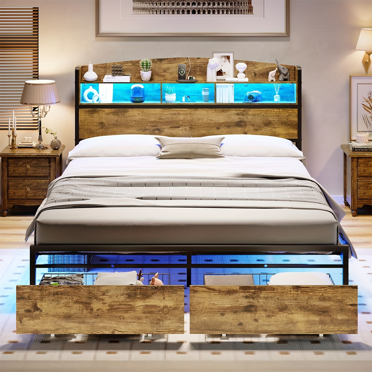 

Metal Bed Frame With Led Lights & Power Strips, Queen Platform Bed With Storage Shelves & Drawers For Bedroom, Rustic Brown
