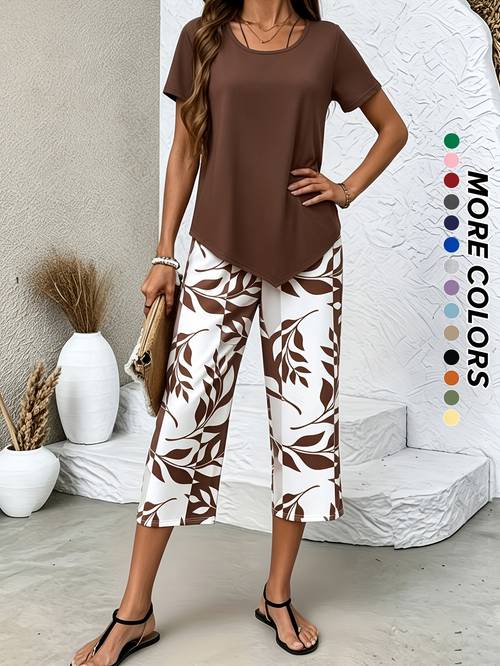 item picture spring and summer womens casual two piece set light blue short sleeved round neck and print quarter wide legs loose and comfortable versatile and casual set for daily home and commuting