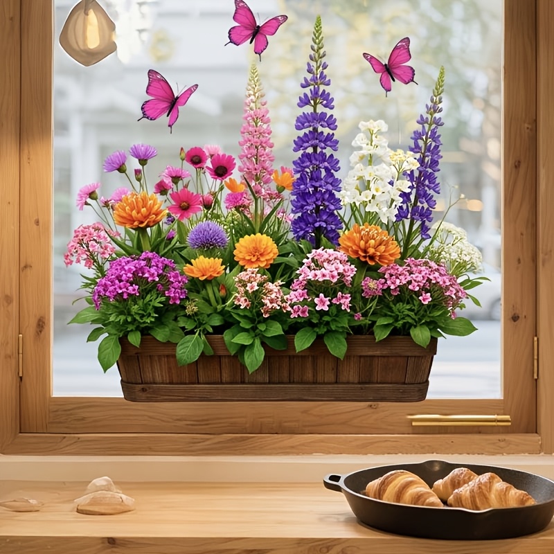 Image of 1pc Vibrant Glass Sticker, 2d Flat Colorful Summer Floral Static Glass Clings, Reusable Gardening Plant Window Decals, For Farmhouse Home Decor Garden Decoration Glass Stickers