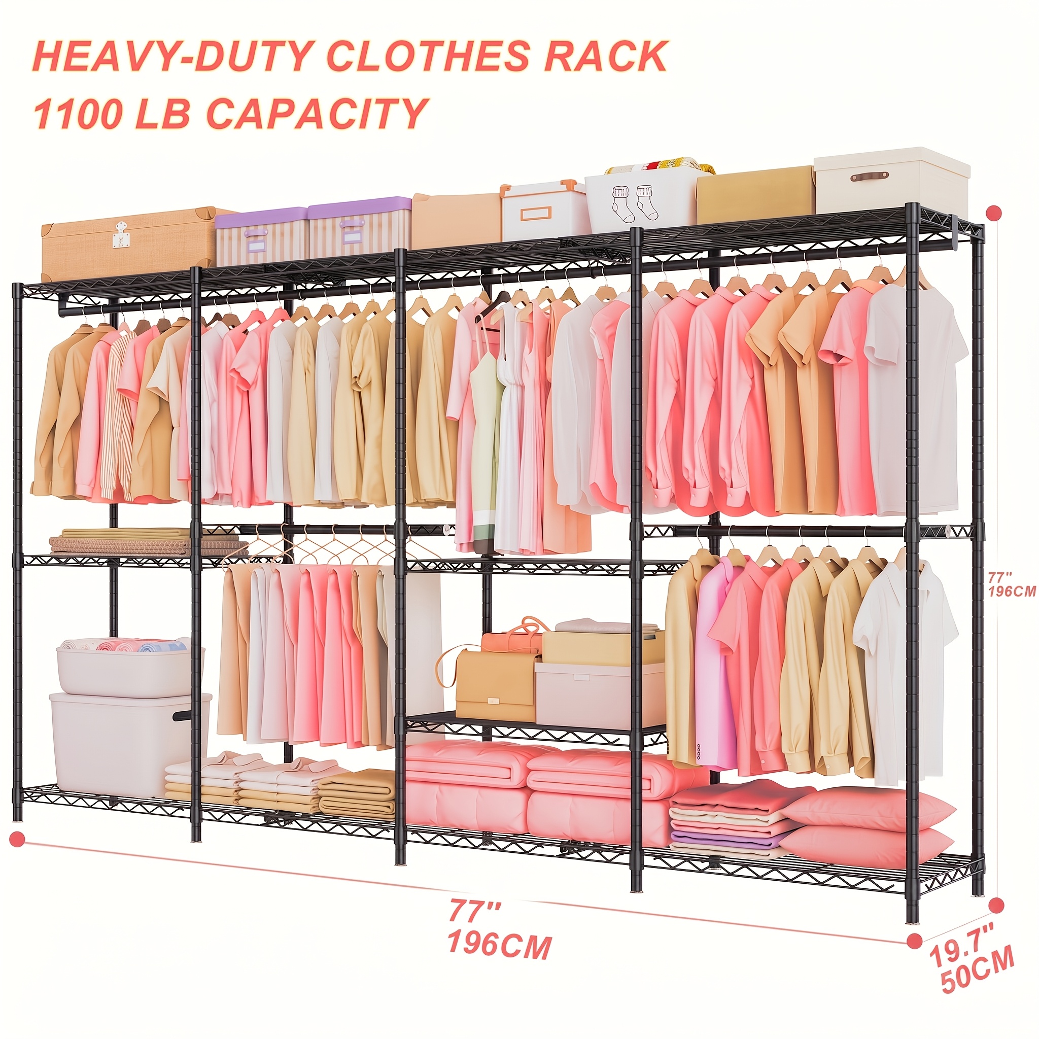 TEMU Portant à vêtements robuste, grand portant à vêtements à 4 niveaux avec 11 étagères en fil, 77 po X 17,9 po X 77 po, de garde-robe autoportante,