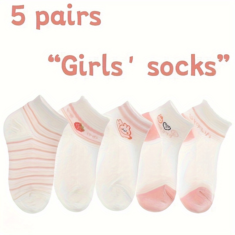 

5 Pairs Of Girls' Cute Rabbit & Strawberry Print Mid-calf Mesh Socks, Comfy Cute Design Socks For All Season Wearing