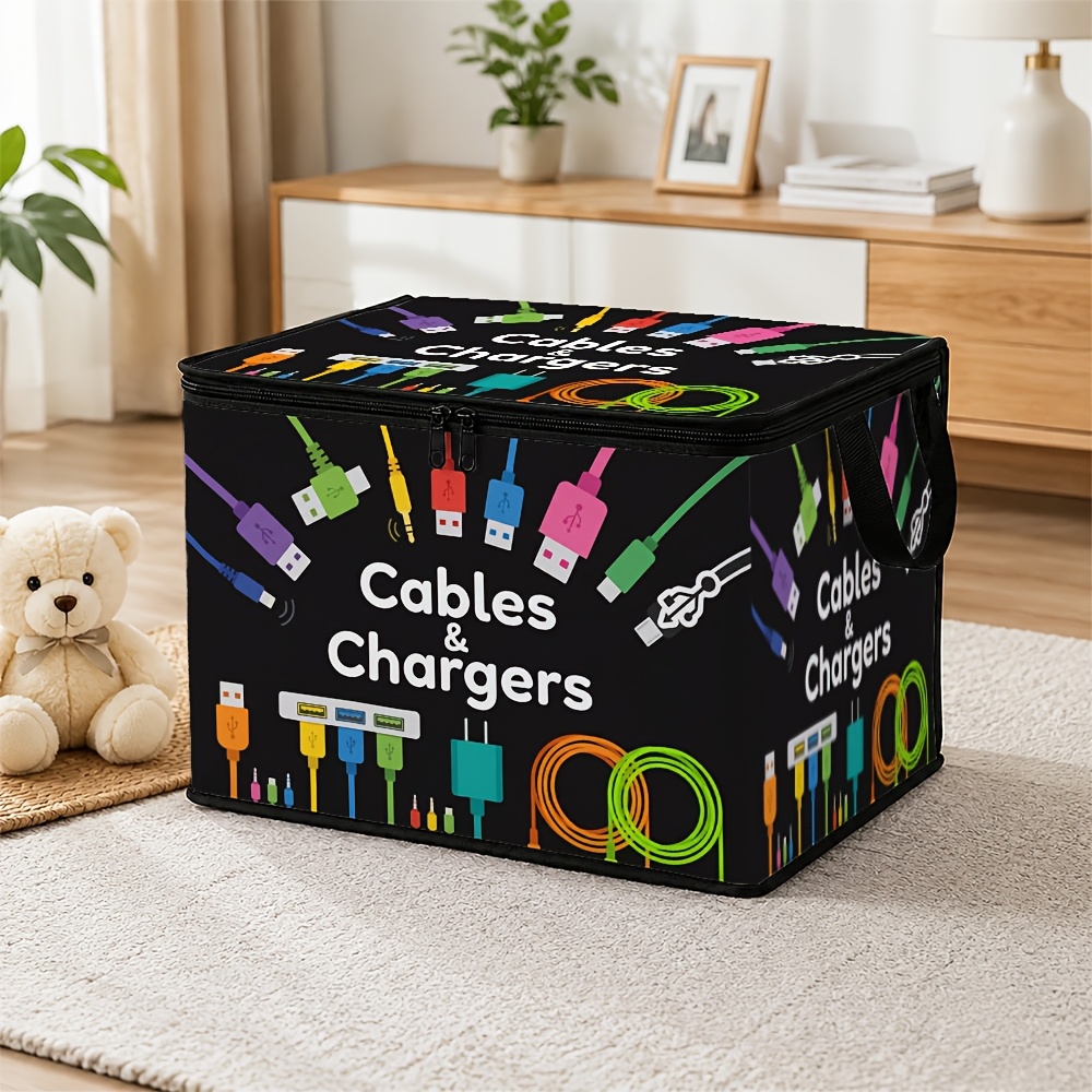 TEMU 1pc Digital Tech Lidded Storage Bin | Cable Charger Connection Icons Quick-zip Foldable Bag, Blanket Tidy, Bathroom Organizer, Home Gift,