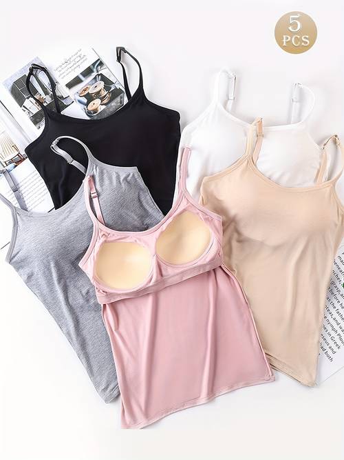 set of 5 wireless seamless camisoles with built in padding for for layering without