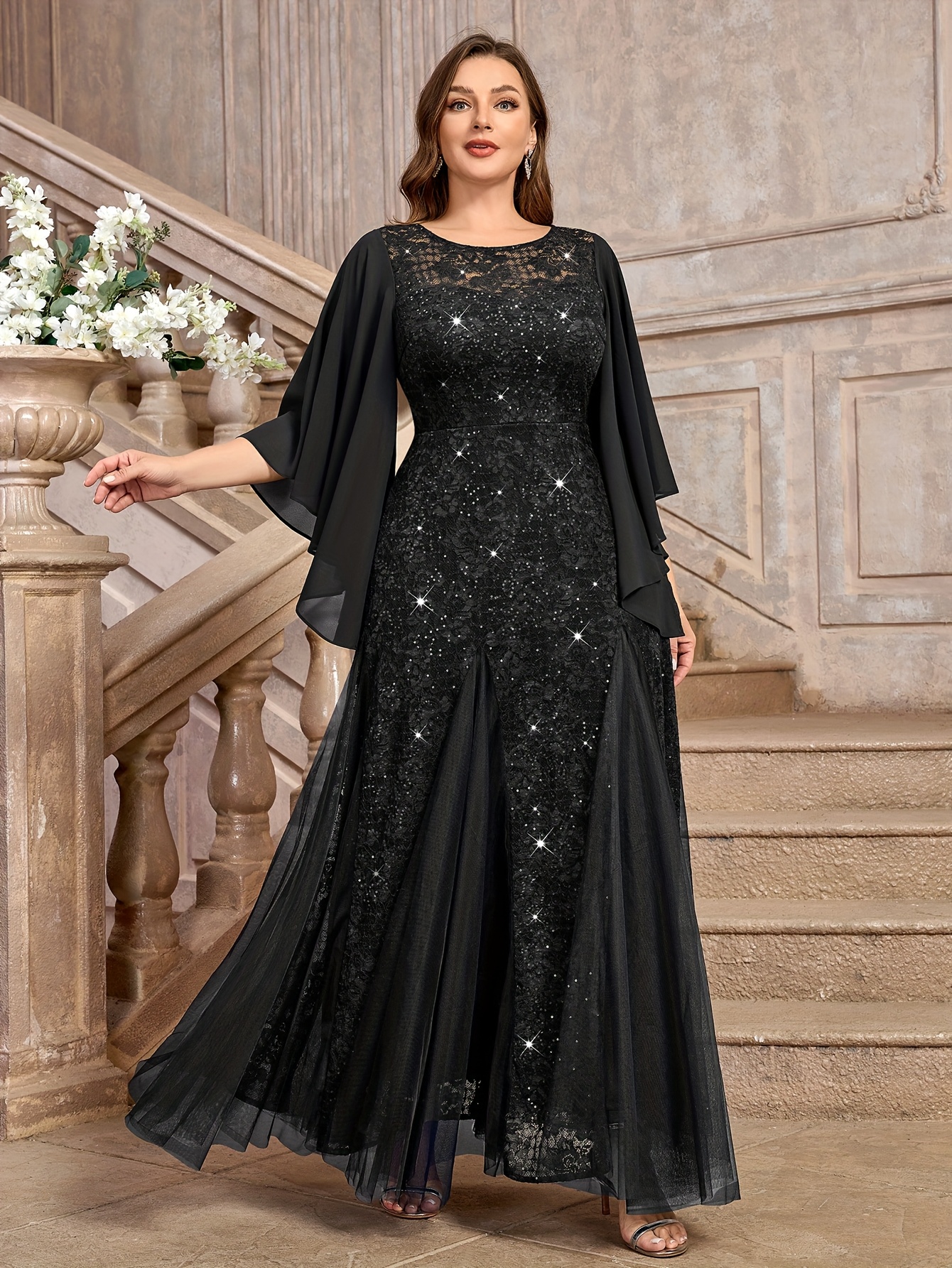 chinese dress ladies Beaded Long Formal Dress with Cape Sleeves English Violet / 20 main image 1