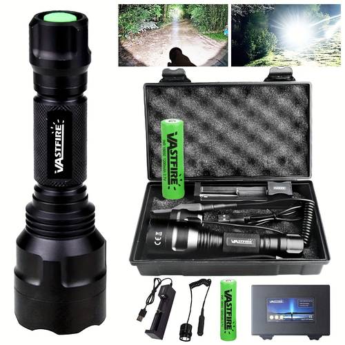 three color rechargeable flashlight set in red green and white ideal for outdoor activities like hiking climbing camping fishing and cycling at night with a battery charger switch and gift box