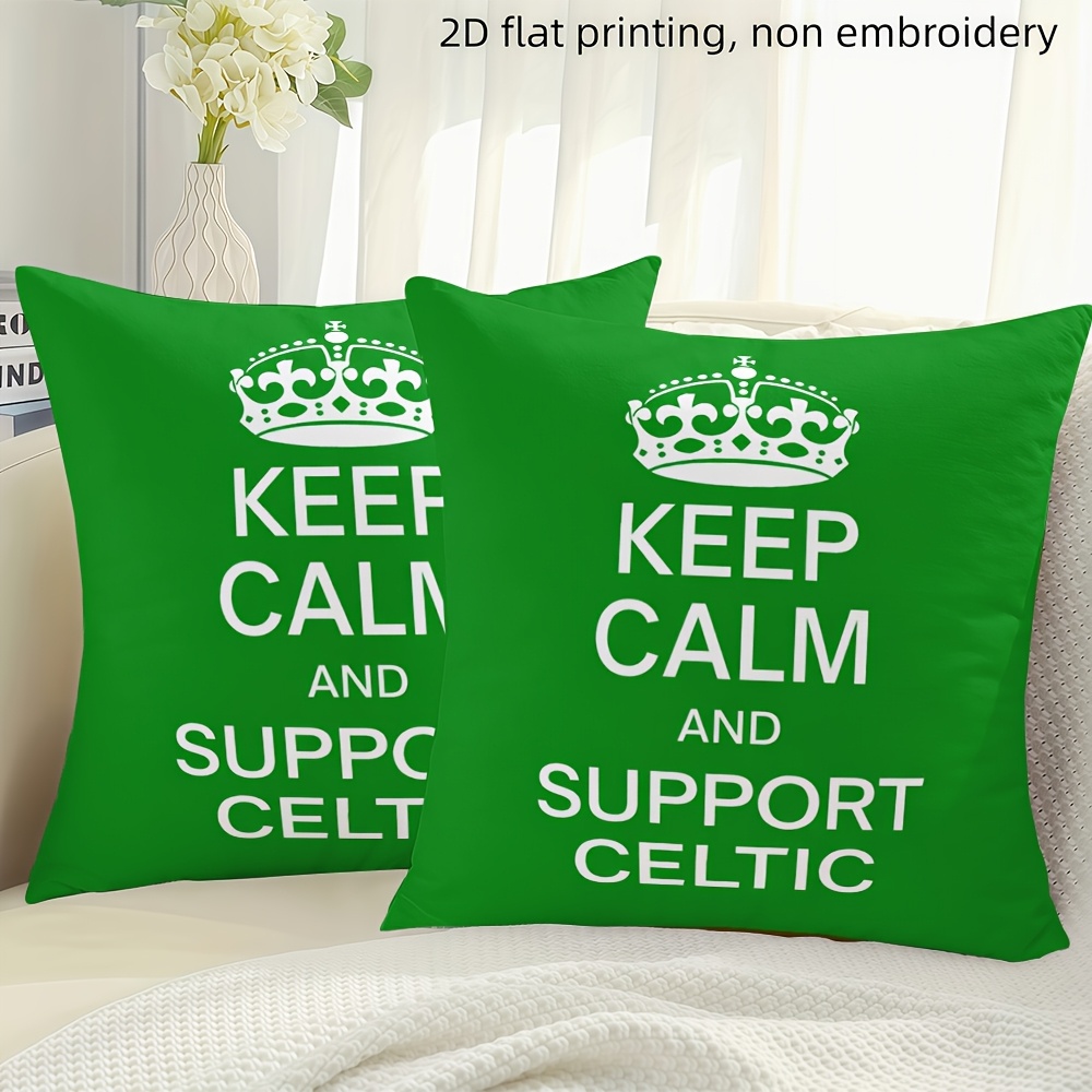 TEMU 2d Flat, 2pcs Of Short Plush Crown Pattern, " And Support Celtic" Slogan Printed Pillow Covers, Single-sided Print Size 18*18 Inches, Suitable