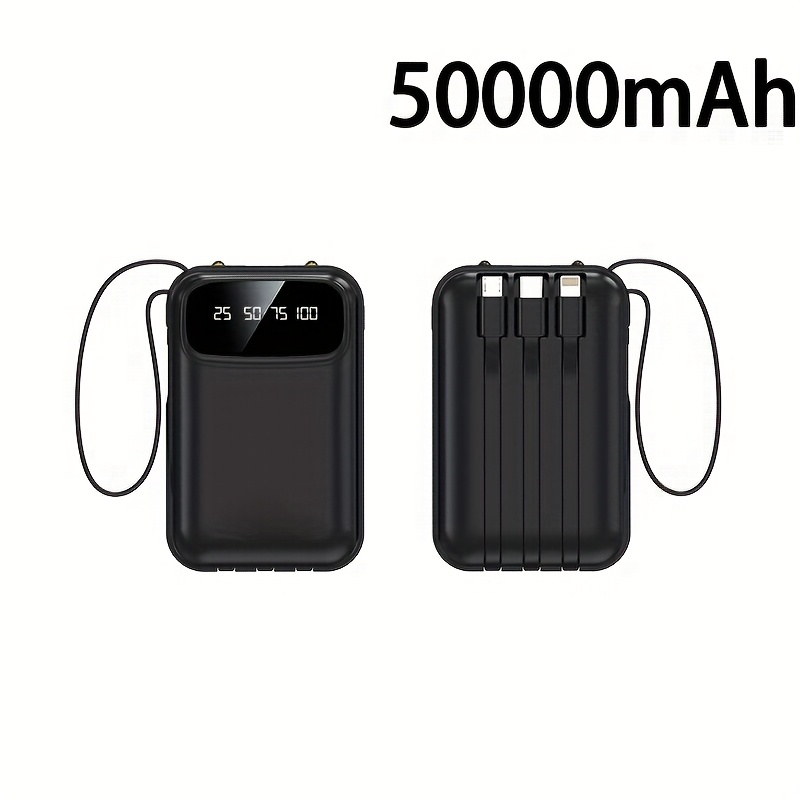 TEMU Batterie Externe Portable Grande Capacité 50000Mah, Livrée avec Quatre Câbles de Données/Lanière/Affichage LED de la Batterie, Adaptée à la