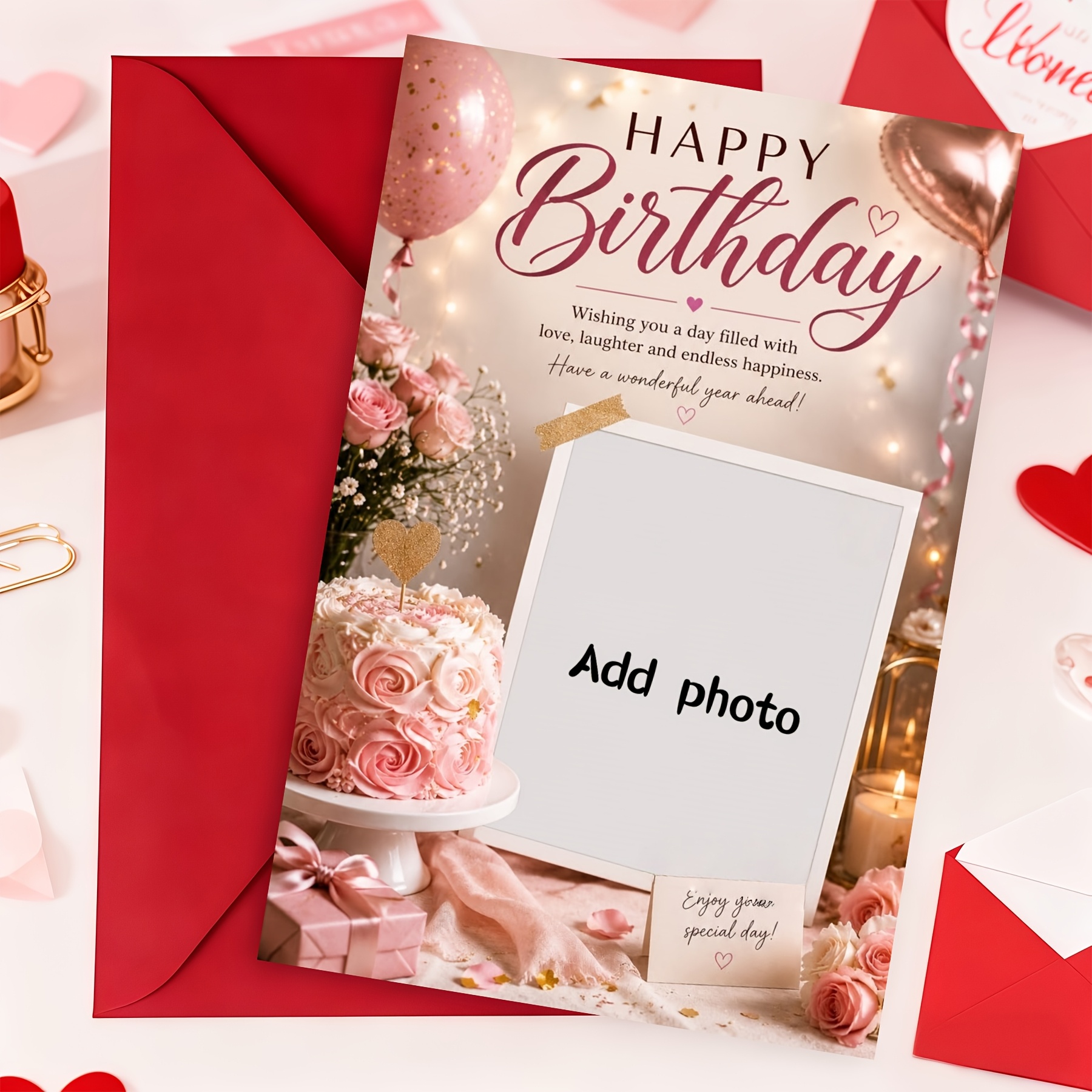 TEMU Personalized And Customizable Photo Birthday Cards, Light Luxury Pink Cake Flower Single Photo Greeting Cards, Romantic And Birthday Gift