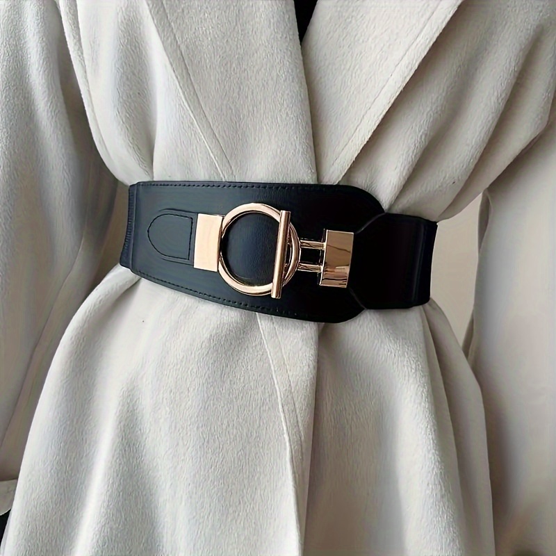 

Women's Wide Belt With Golden-tone - Black, Vintage Style For Dresses, Coats, And Casual Wear, Evening Accessory | Wide Belt Design | Sleek Belt Style, Waist Belt