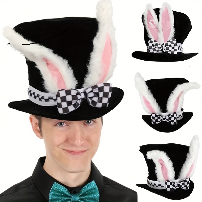 

Easter Bunny Top Hat With Checkered Bow - Fabric Magician Style Hat With Rabbit Ears For Holiday Celebration - One-time Use Costume Accessory Without Feathers