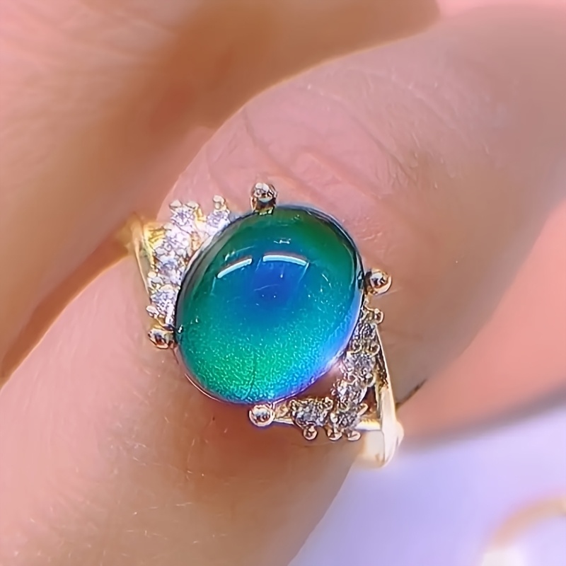 TEMU Elegant Mood Ring With Cross Design And Temperature-sensitive Color-changing Stone - Golden Alloy Fashion Accessory, Suitable For Casual Wear,
