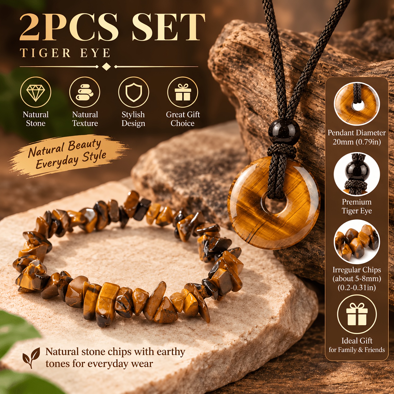 2pcs Round Tiger Eye Jewelry Set for Men and Women