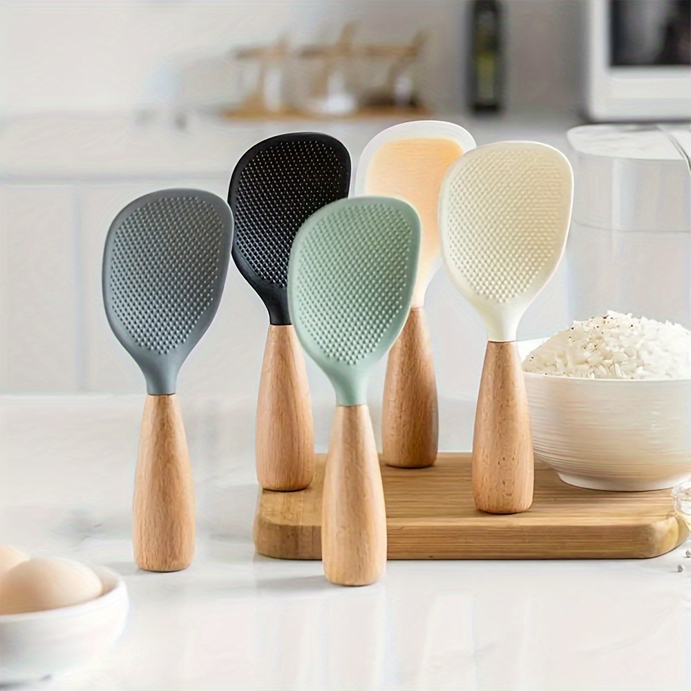 

1pc Silicone Spoon With Wooden Handle, Non-stick Spatula For Pot, Heat Insulation Heat Resistant Spoon For Rice Cooker, For Home Kitchen School Dorm Room, Practical Kitchen Tools
