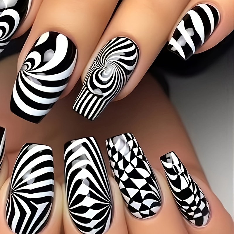 TEMU Black And White Optical Illusion Swirl Art Press-on Nails, 24pcs Set
