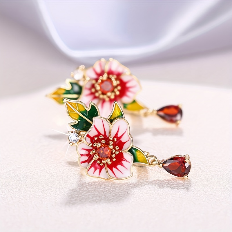 Flower Inlay Ruby Pendant Earrings for Women's Party