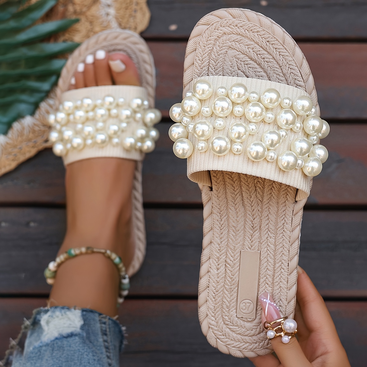 Image of Women's Beige Pearl Embellished Thong Slippers, Elegant Flat Outdoor Casual Slides, Women's Beach Sandals For Vacation, Women Shoes