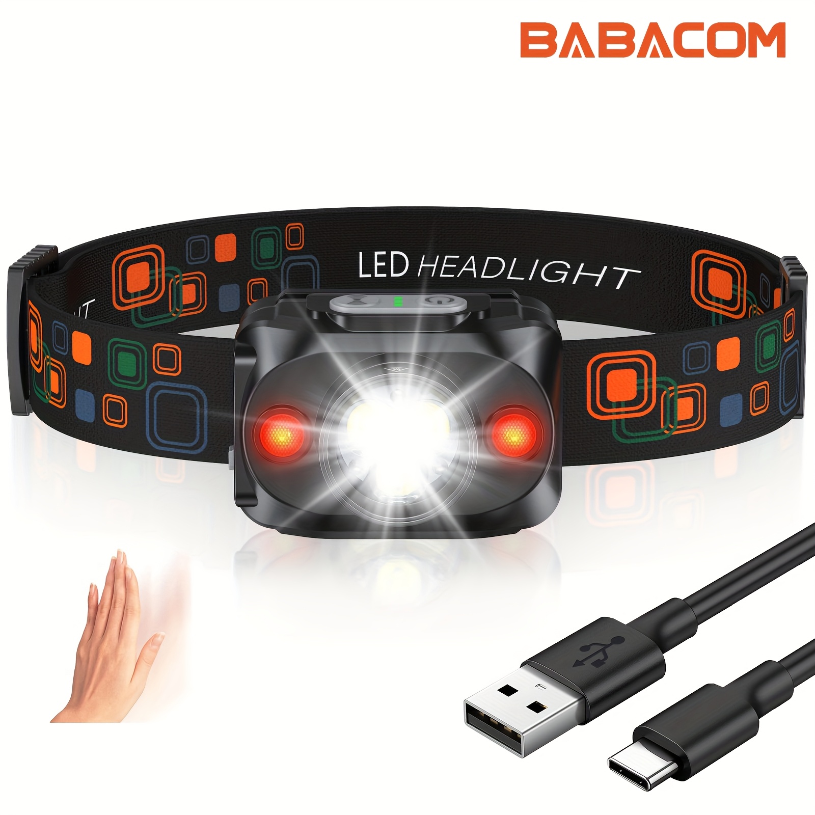 

BABACOM Lampe rechargeable, lampe ultra lumineuse à LED avec capteur de mouvement, 6 d'éclairage, batterie de 2000 mAh pour une prolongée, pour le camping, la pêche, la randonnée, les courses