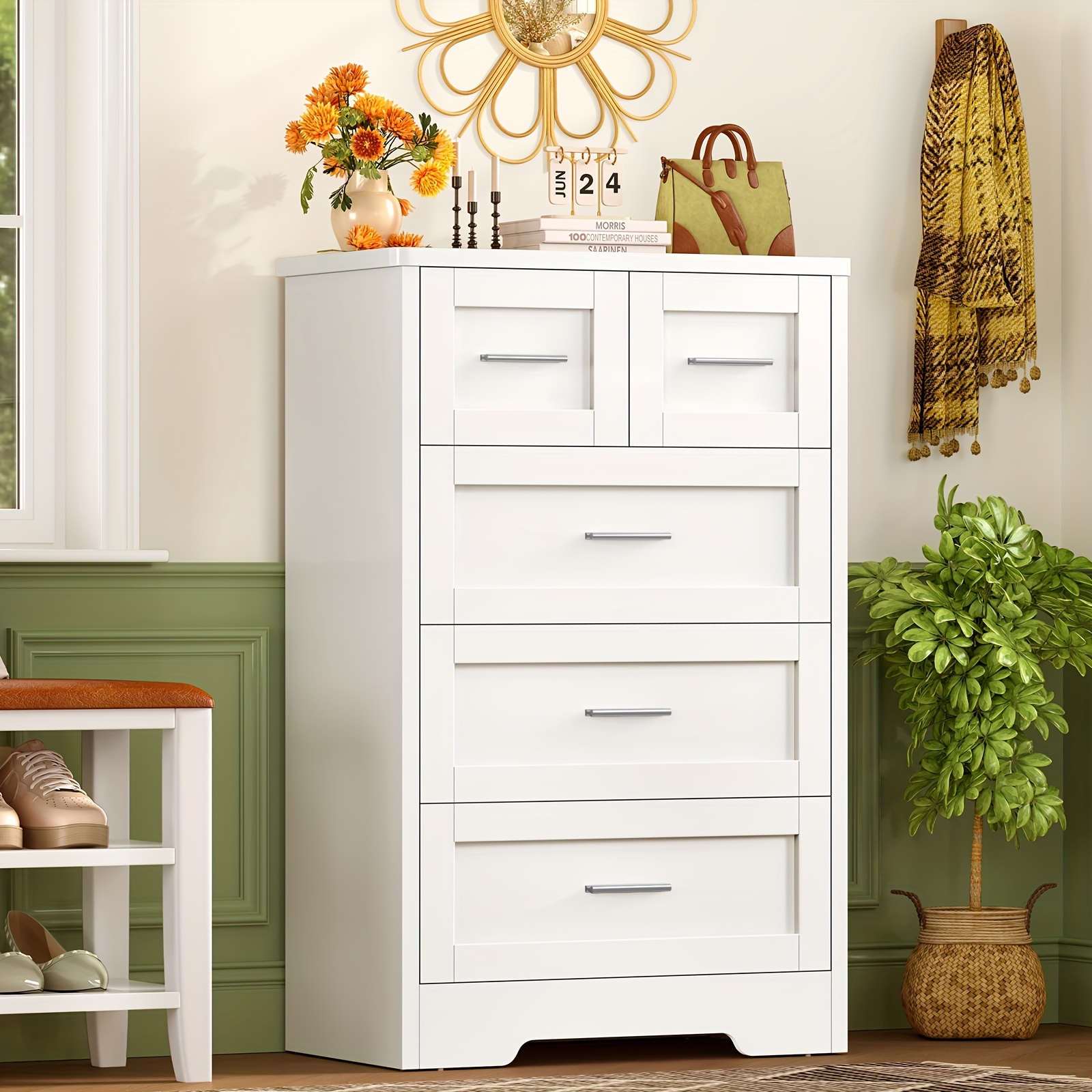 Image of Usikey 5-drawer Chest, Ideal For Bedrooms, Versatile Storage Unit, Contemporary Areas, Dining Spaces, And , Color: White, Dimensions: 60.00×35.00×96.5cm