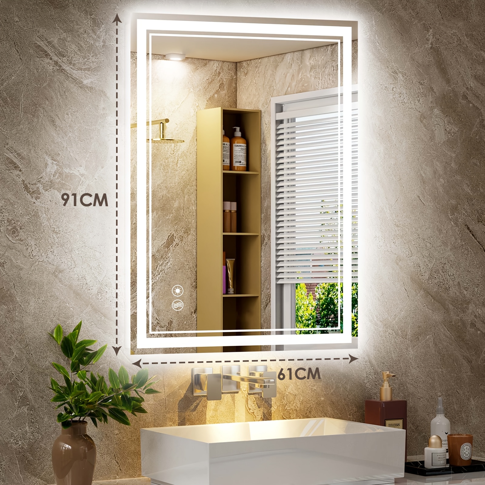 61cm X 91cm Led Bathroom Mirror With Front And Dimmable 3 Colors Led Mirror For Bathroom Memory Function Wall Mounted Horizontal/vertical Etl